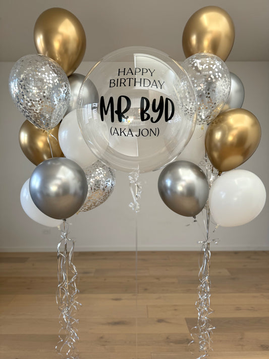 Personalised Balloon with 2 Bouquets - Gold, Silver and White