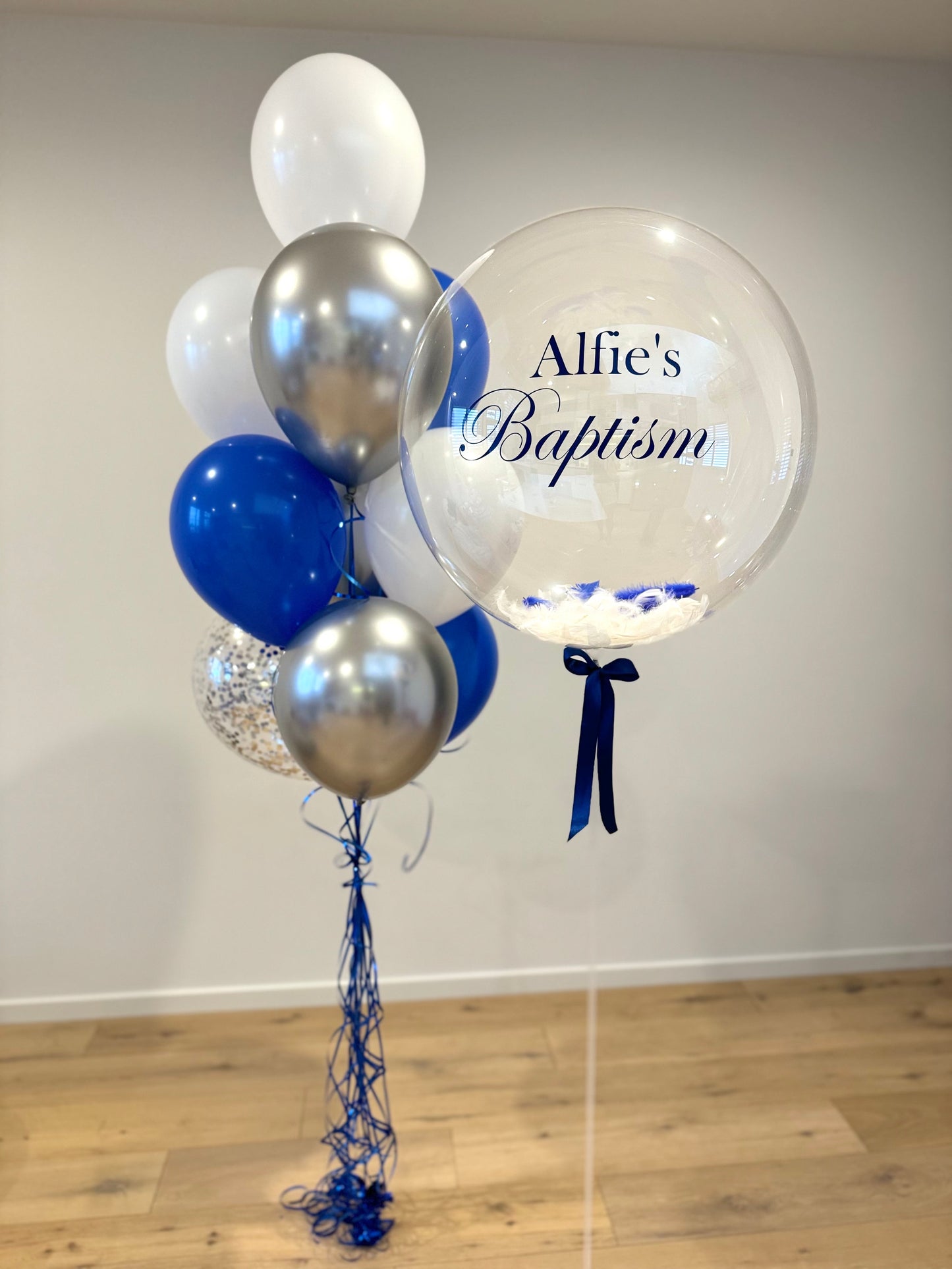 Personalised Bubble with 1 Balloon Bouquet - royal blue, silver, white