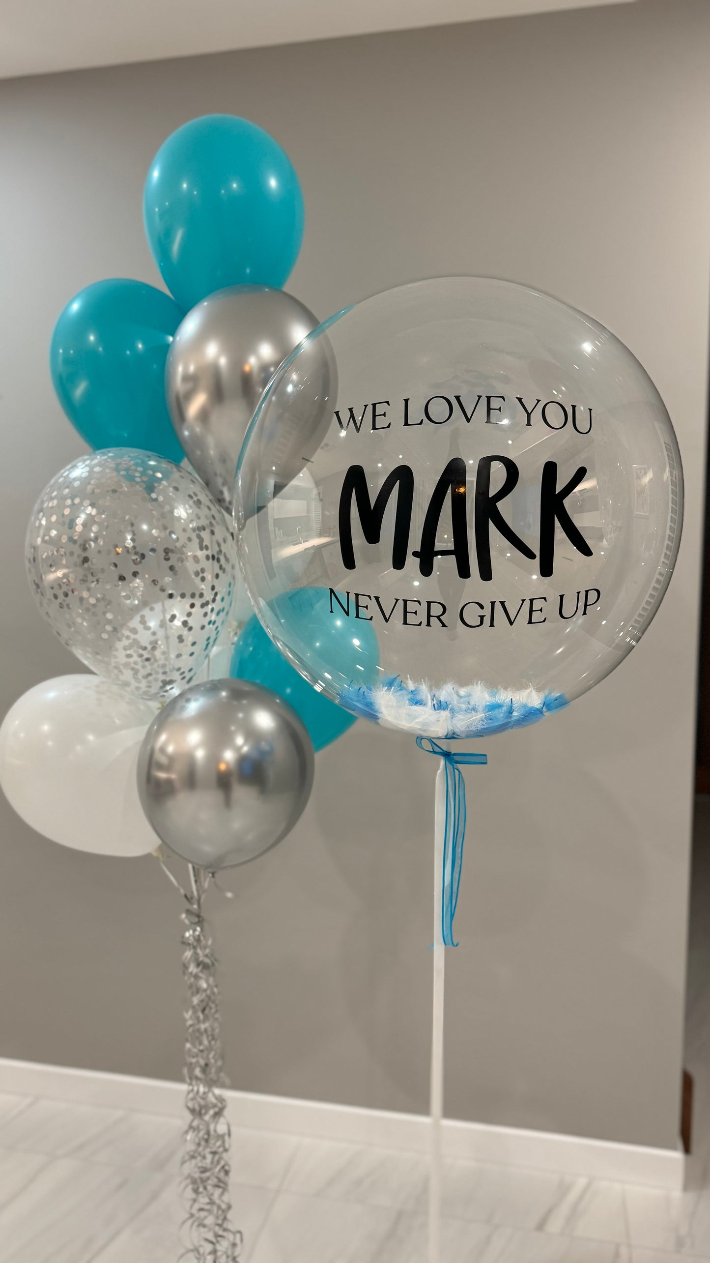 Personalised Bubble with 1 Balloon Bouquet - bright blue, silver, white