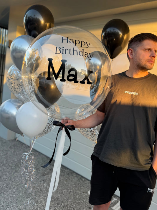 Personalised Balloon with 2 Bouquets - Silver, White and Black