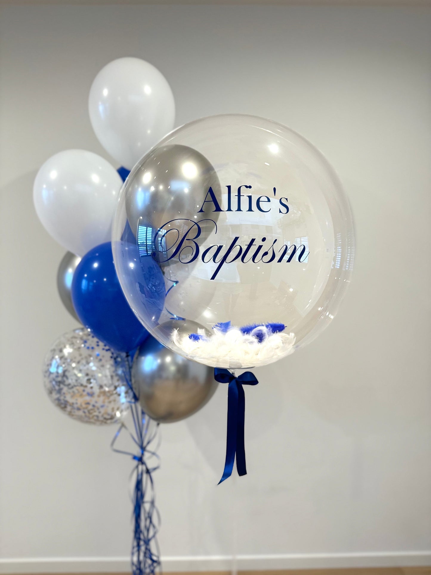 Personalised Bubble with 1 Balloon Bouquet - royal blue, silver, white