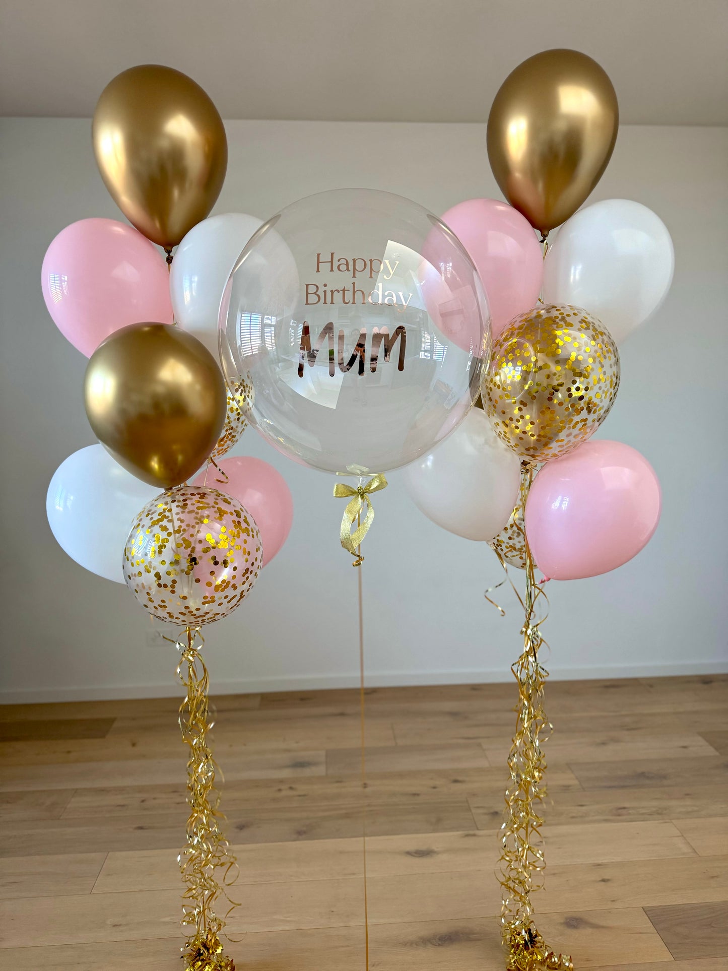 Personalised Balloon with 2 Bouquets - Gold, White and Pink