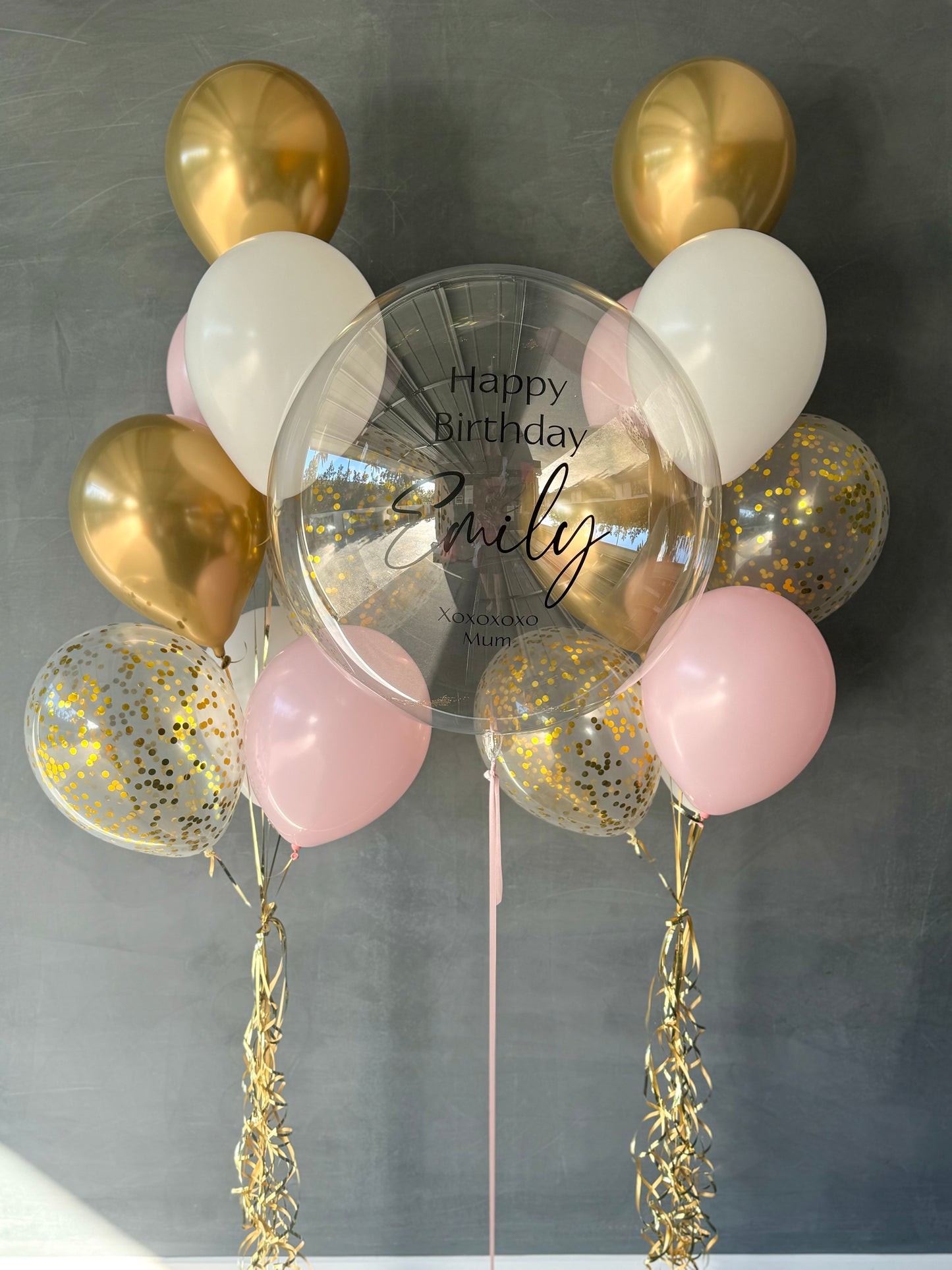 Personalised Balloon with 2 Bouquets - Gold, White and Pink