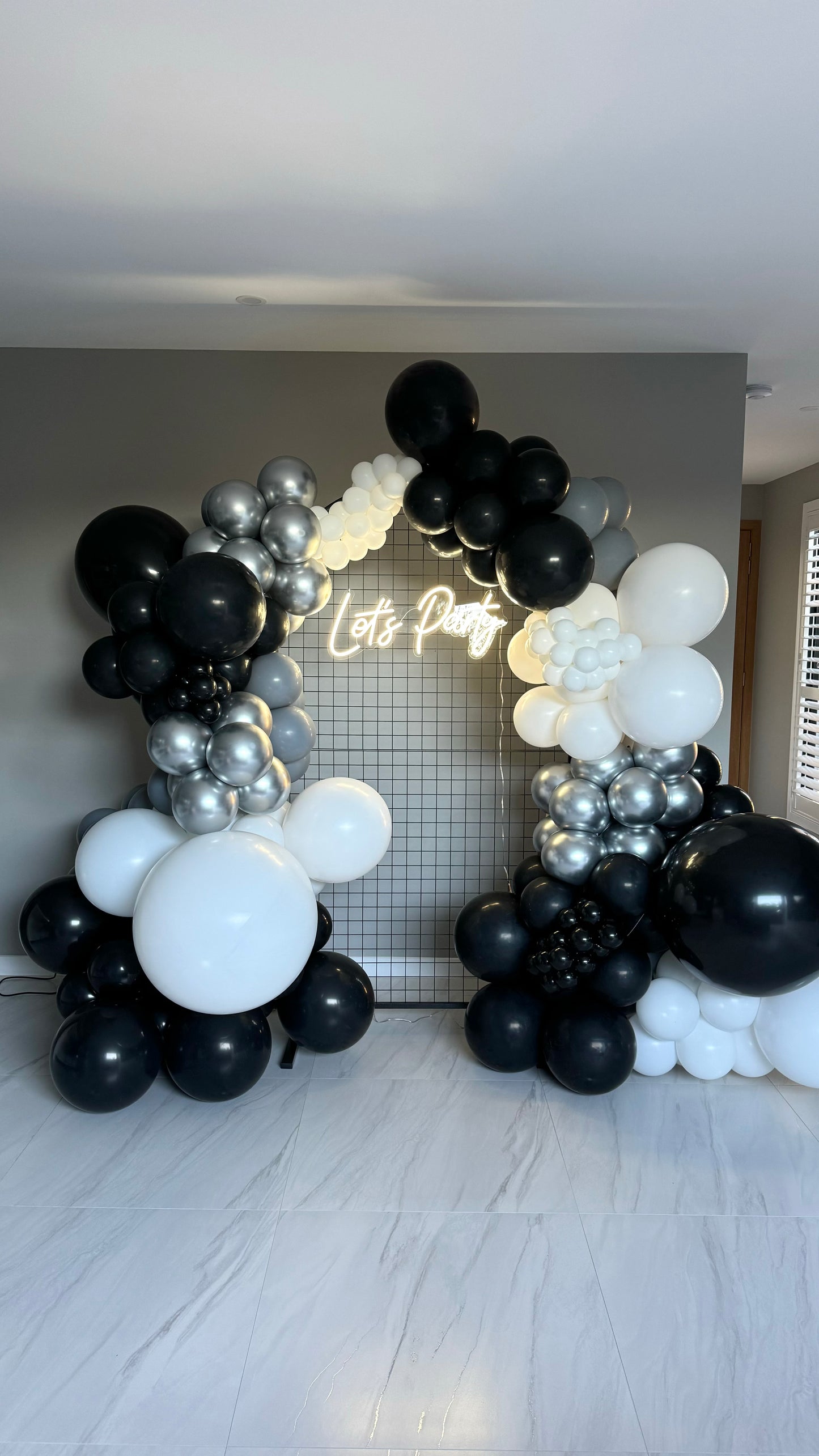 Black, Silver and White Balloon Garland + Arch frame + LED sign