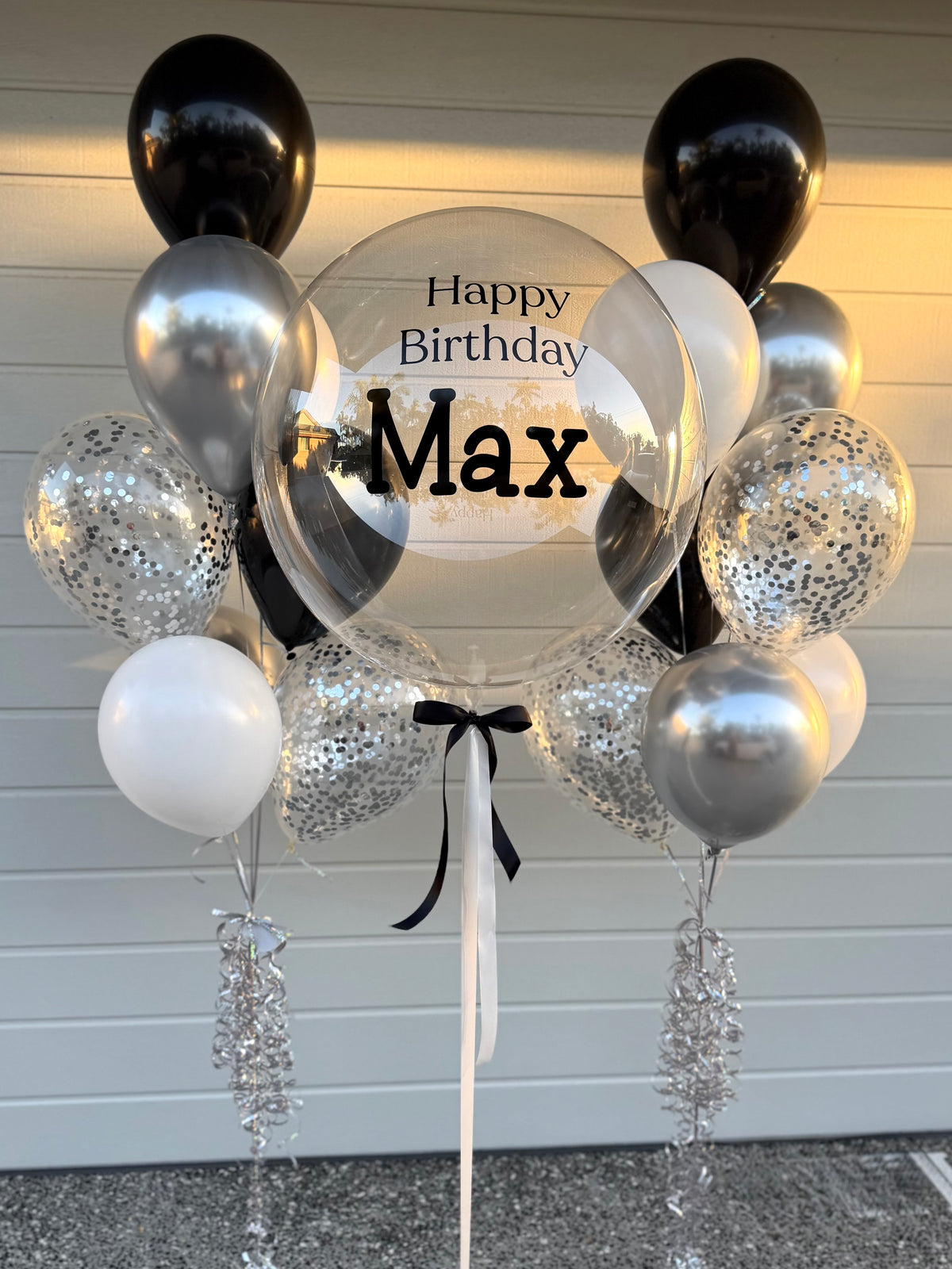 Personalised Balloon with 2 Bouquets - Silver, White and Black