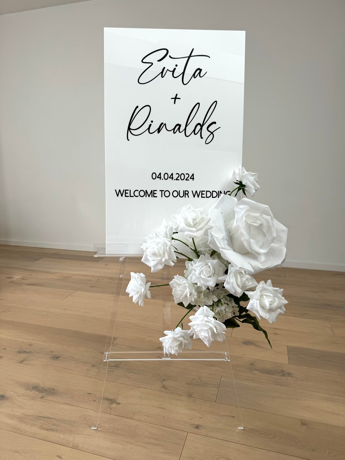 Clear Acrylic Display Stand (Easel) with Personalised Board and Flowers