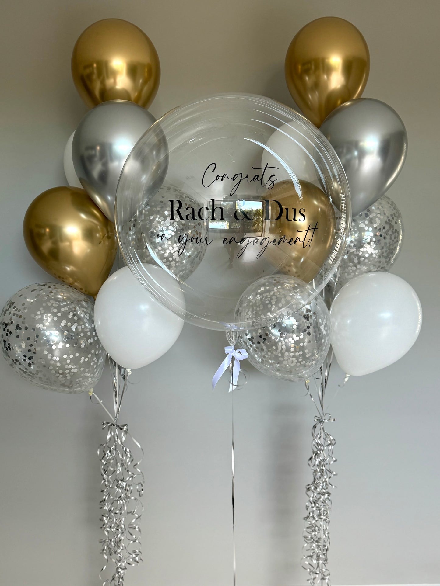 Personalised Engagement Bubble Balloon bouquet - Gold, Silver and White