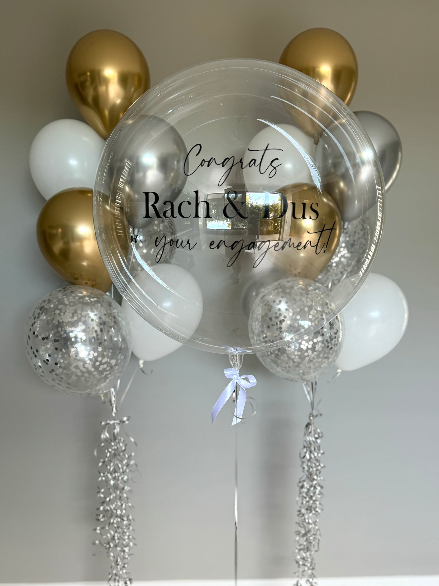 Personalised Engagement Bubble Balloon bouquet - Gold, Silver and White