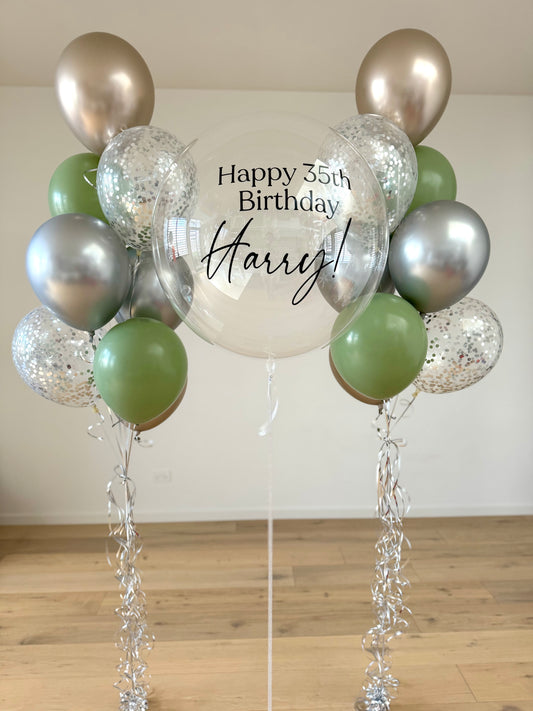 Personalised Balloon with 2 Bouquets - Eucalyptus Green, Silver and Champagne