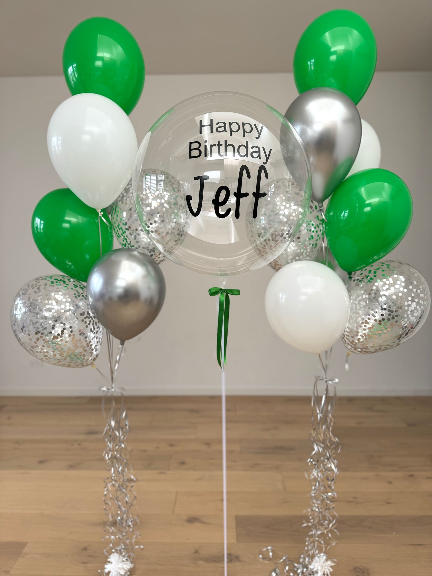 Personalised Balloon with 2 Bouquets - Green, Silver and White