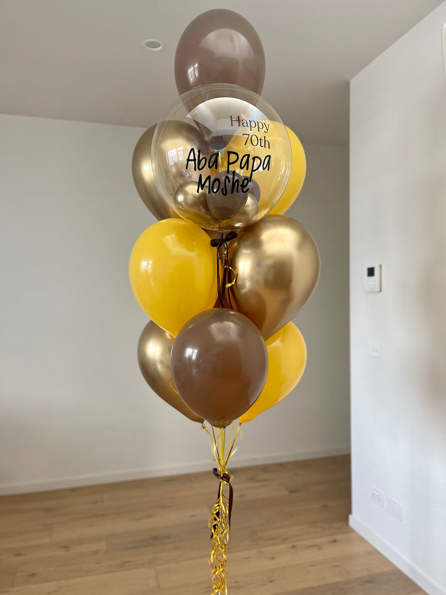 Personalised Balloon Bouquet with Feathers- Brown and Gold (Hawthorn Colours)