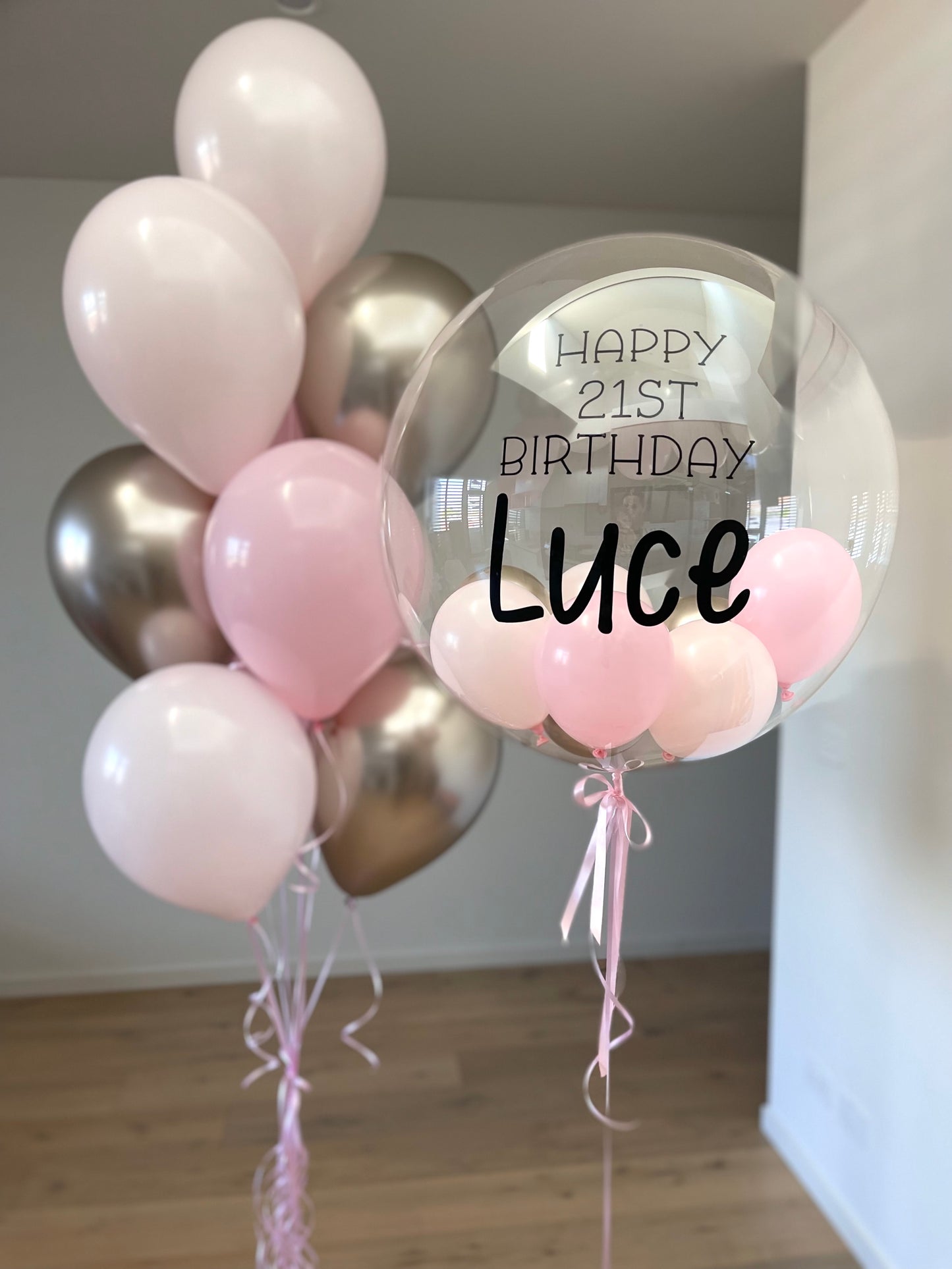 Personalised Balloon with 1 Balloon Bouquet - Light Pink and Champagne