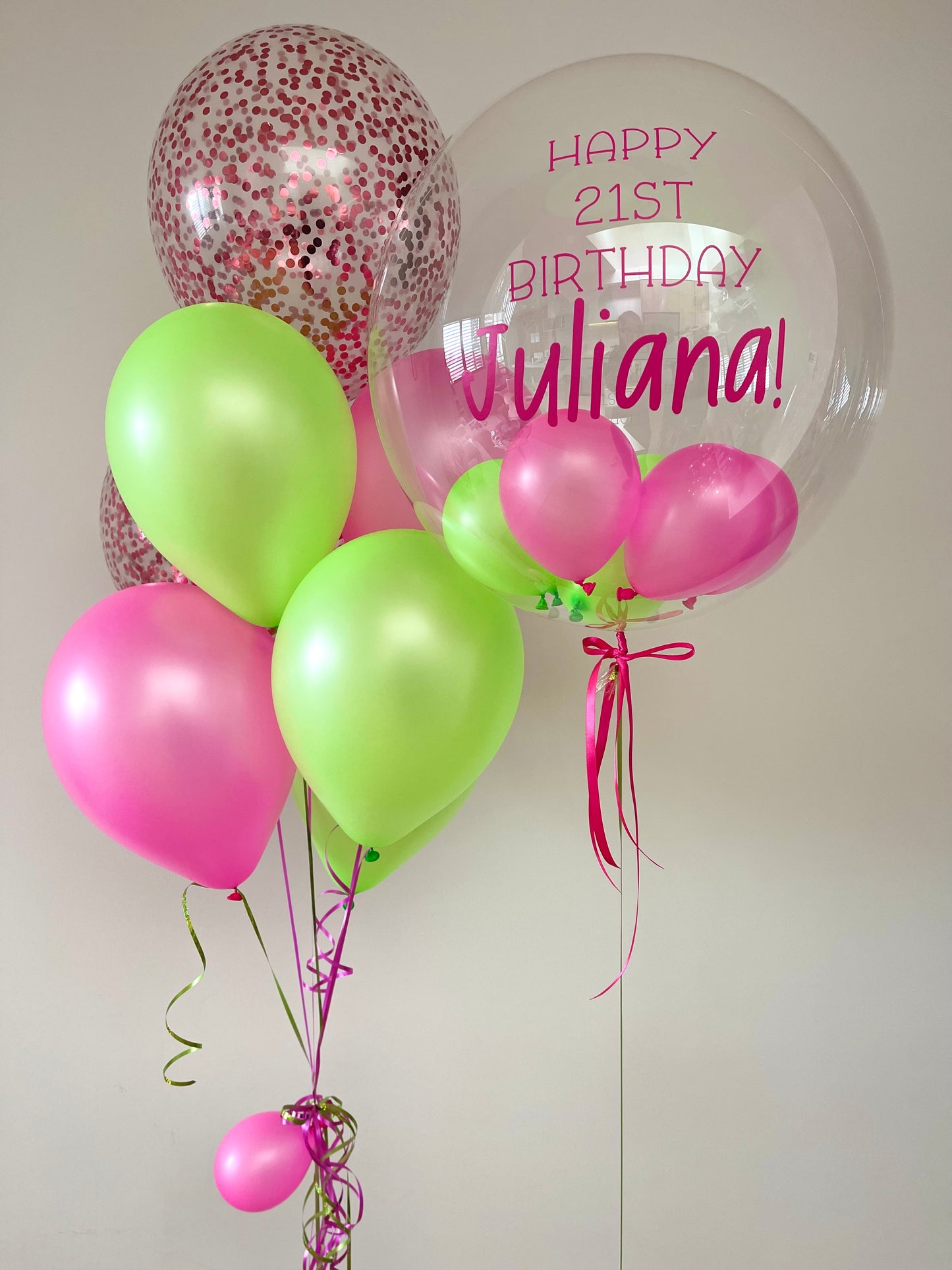 Personalised Balloon with Bouquet - NEON Pink and Green