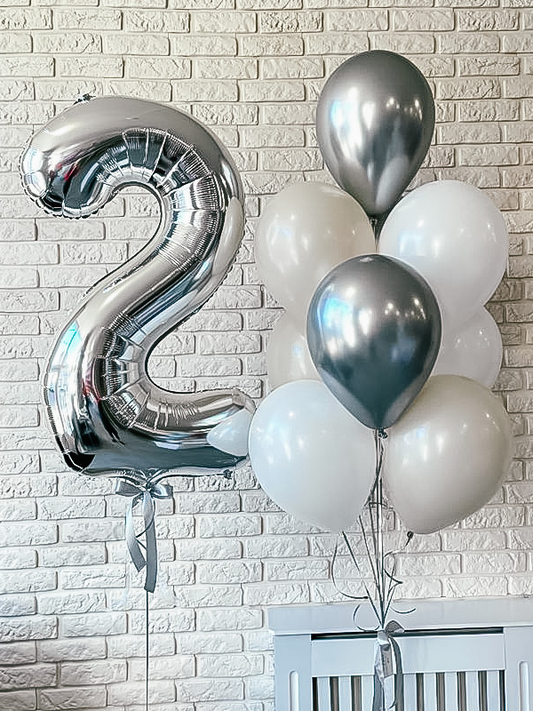 Numbers & 1 Balloon Bouquet - Silver and White