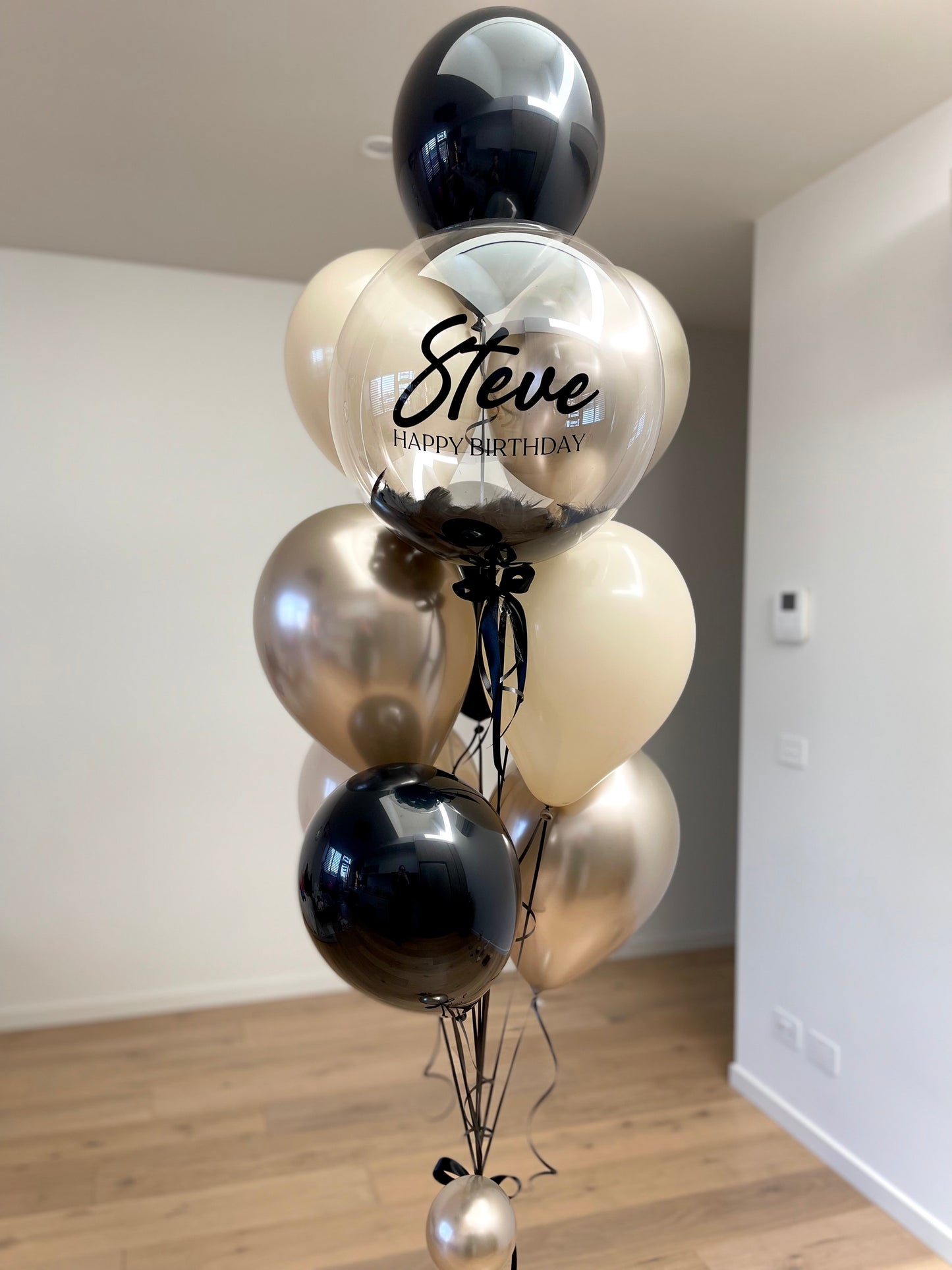 Personalised Balloon Bouquet with Feathers- Black, Champagne, Beige