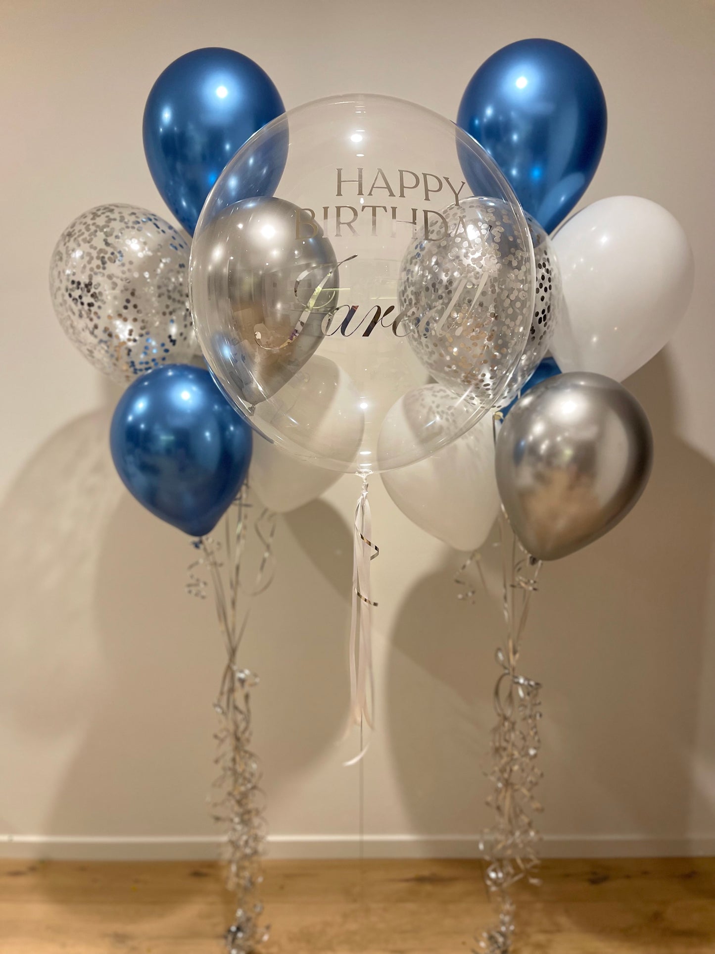 Personalised Balloon with 2 Bouquets - Blue, Silver and White