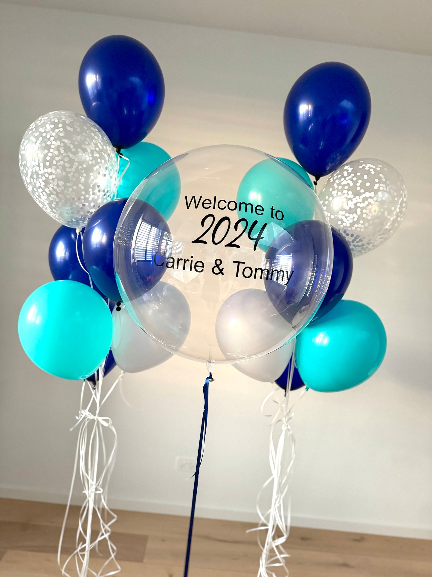 Personalised Balloon with 2 Bouquets - Turquoise, Navy and White