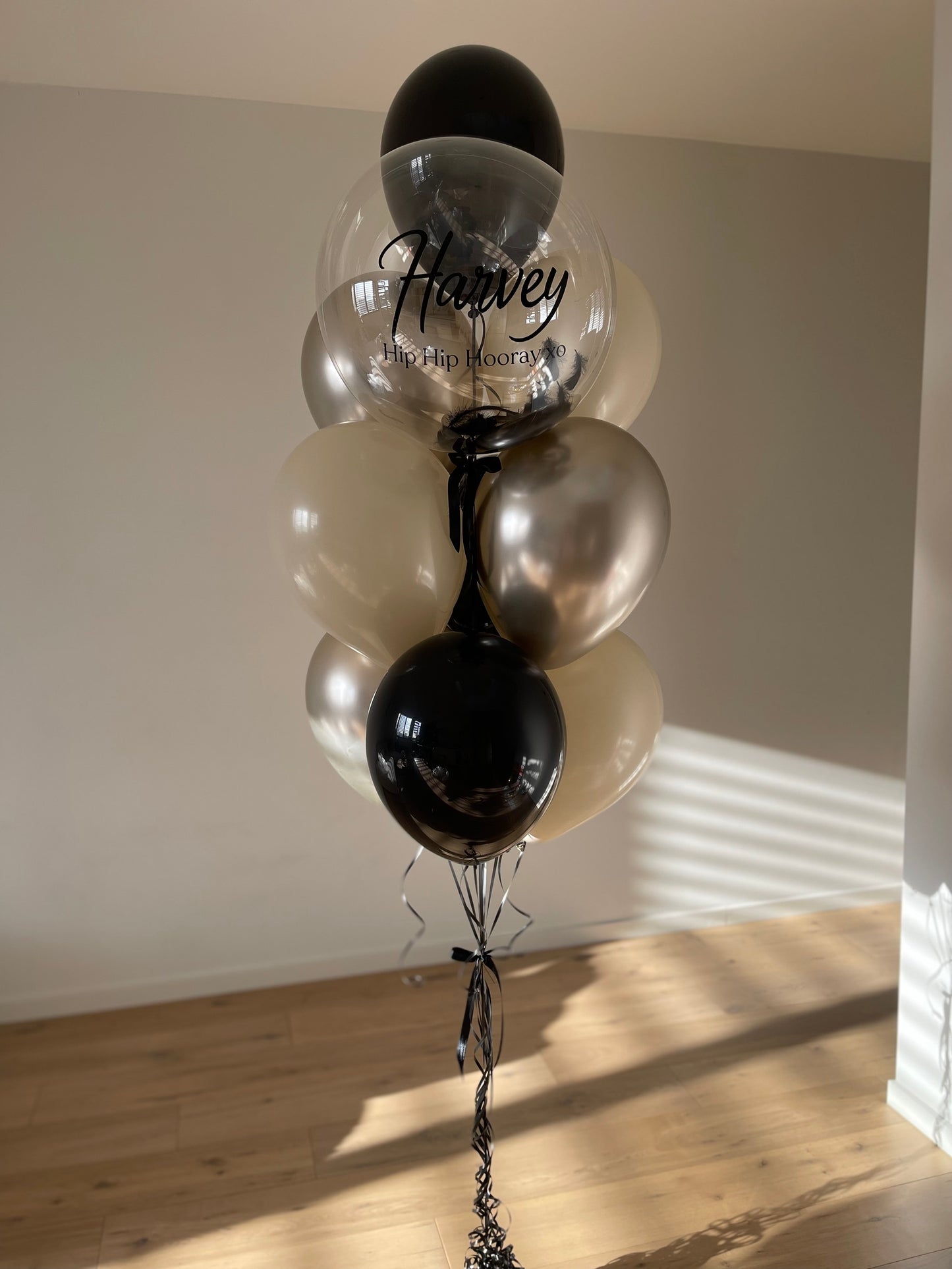 Personalised Balloon Bouquet with Feathers- Black, Champagne, Beige