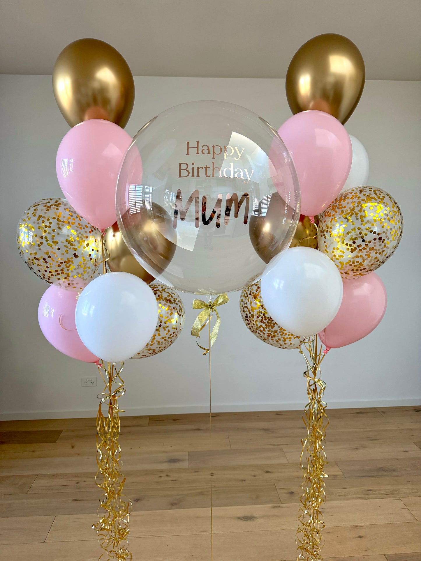 Personalised Balloon with 2 Bouquets - Gold, White and Pink