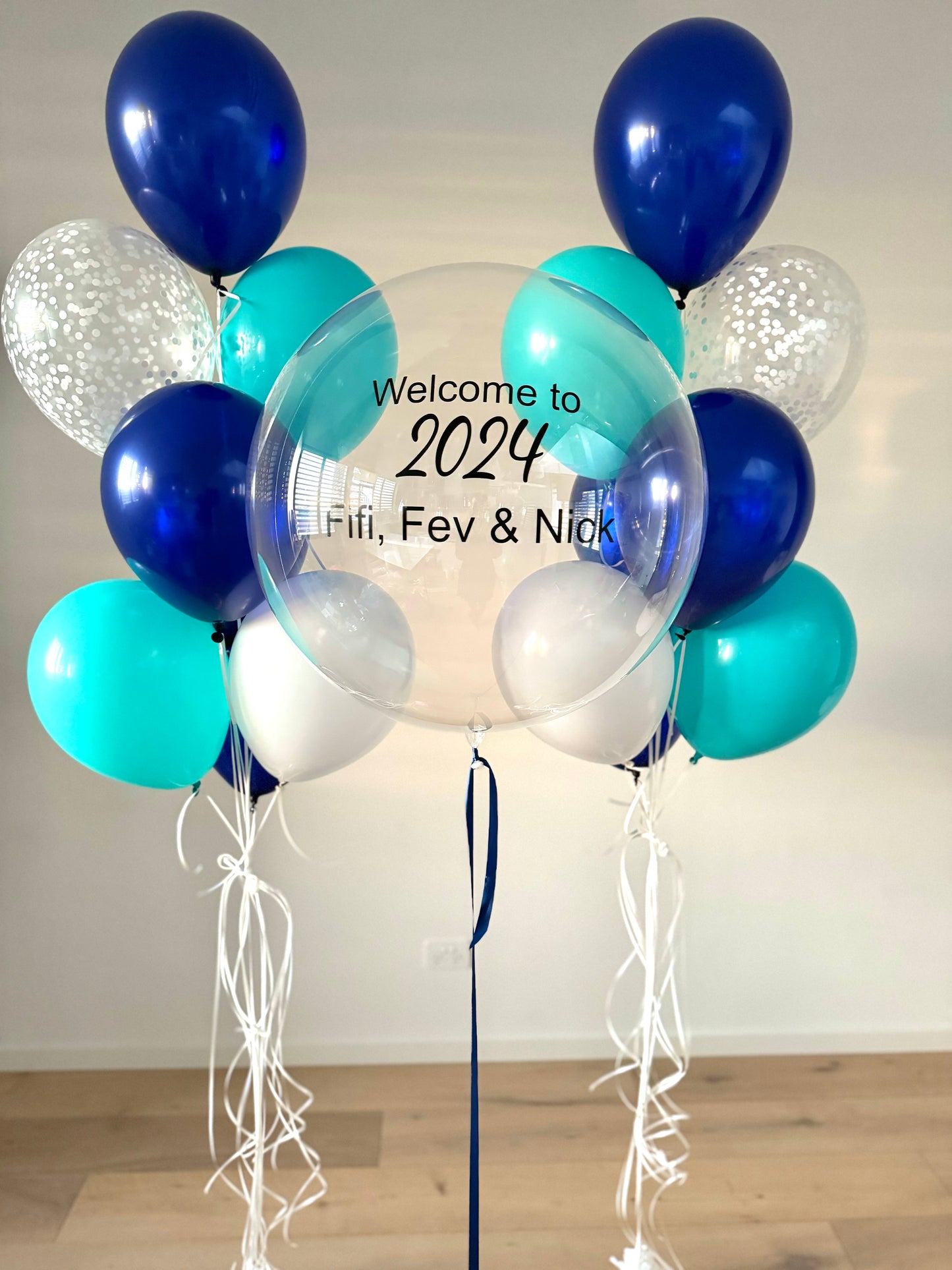 Personalised Balloon with 2 Bouquets - Turquoise, Navy and White