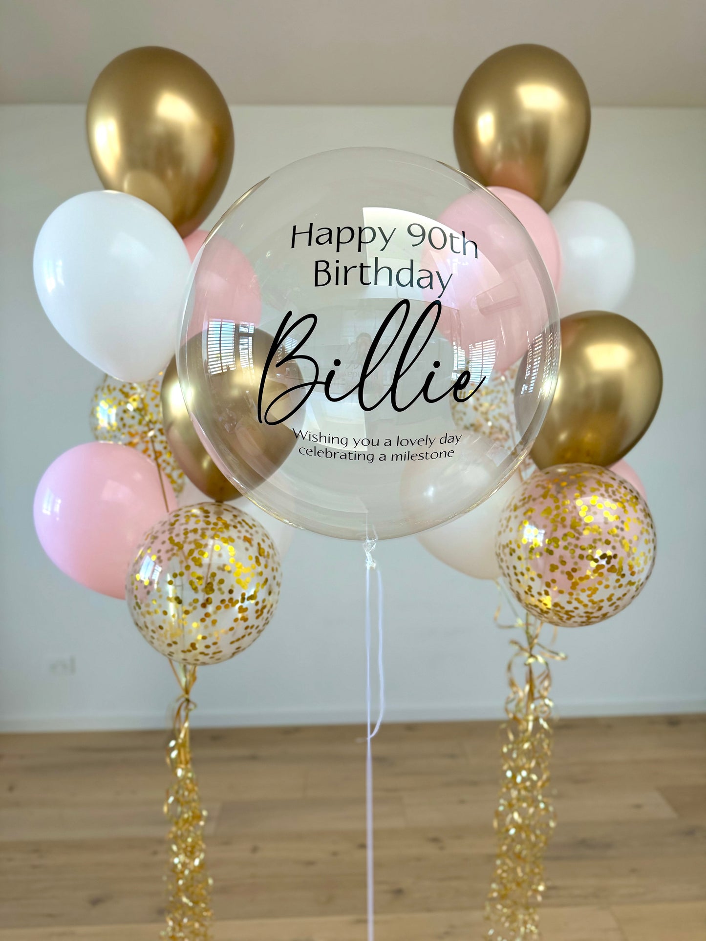 Personalised Balloon with 2 Bouquets - Gold, White and Pink