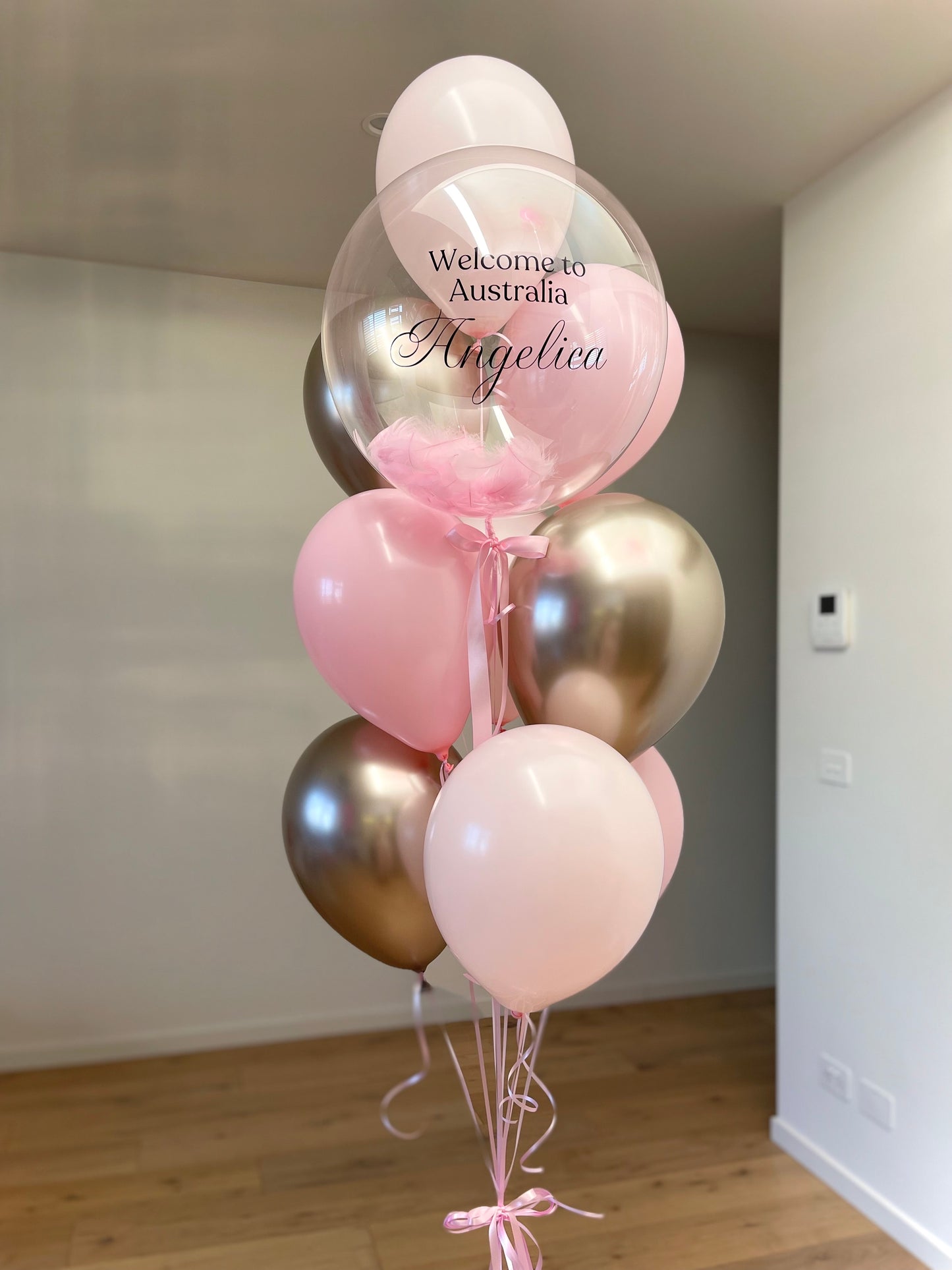 Personalised Balloon Bouquet with feathers - Pink and Champagne