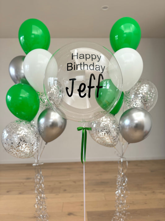 Personalised Balloon with 2 Bouquets - Green, Silver and White