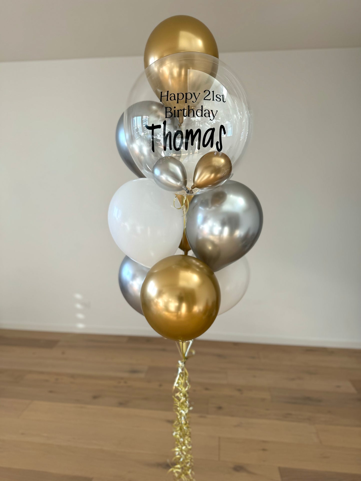 Personalised Balloon Bouquet with mini balloons - Gold, Silver and White