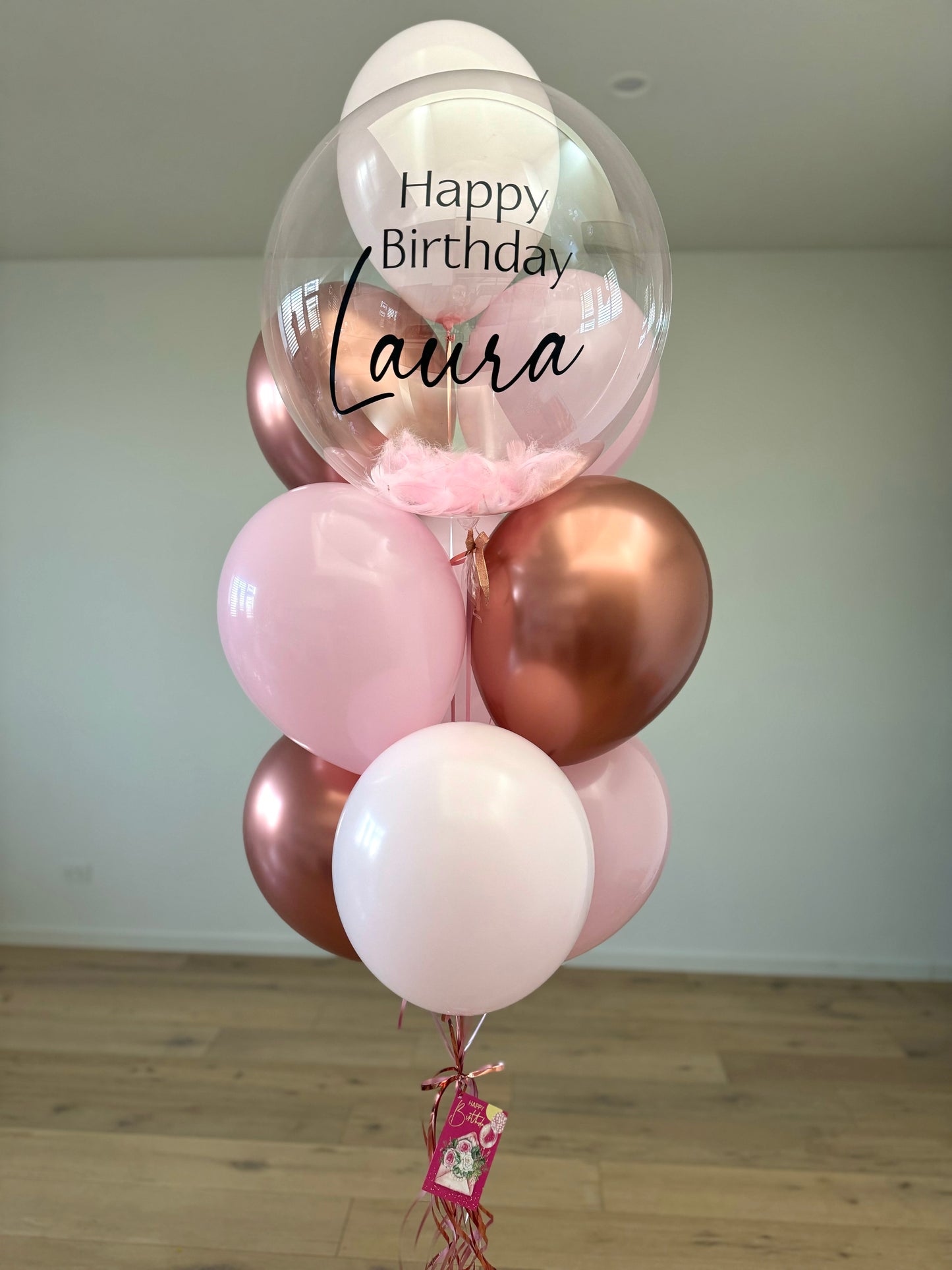 Personalised Balloon Bouquet with Feathers- Rose Gold, Pink