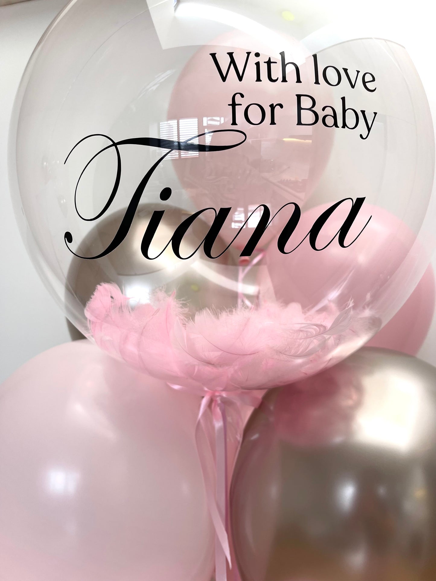 Personalised Balloon Bouquet with feathers - Pink and Champagne