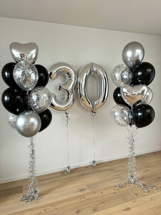 Numbers & 2 Balloon Bouquets - Silver and Black