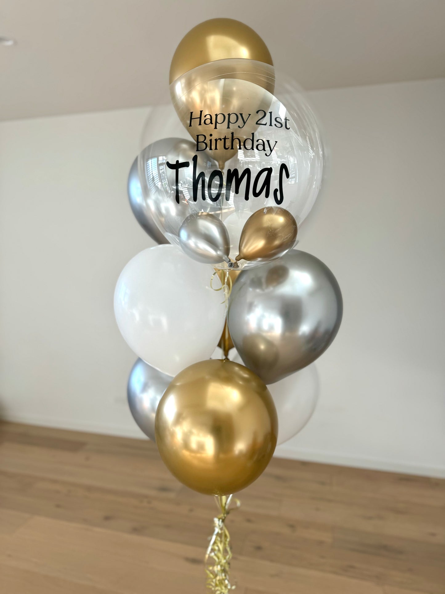 Personalised Balloon Bouquet with mini balloons - Gold, Silver and White